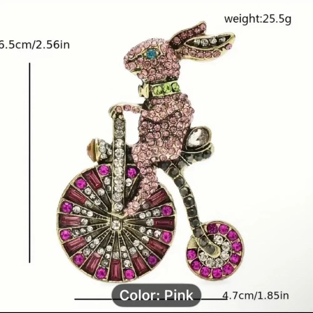 Sparkling Rhinestone Biker Bunny Brooch Cute Alloy Lapel Pin Pink & Red. NWOT